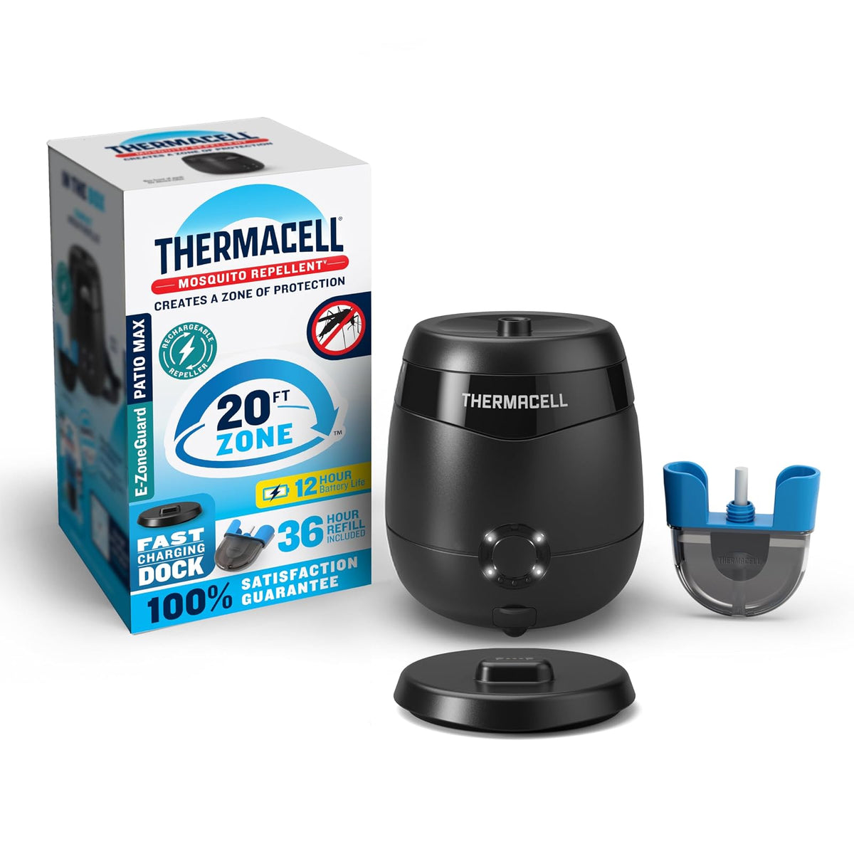 Thermacell E-ZoneGuard Patio Max repelente recargable contra mosquitos con zona de 20 pies de protección al aire libre científicamente probada; batería de 12 horas; recarga de 36 horas; alternativa al