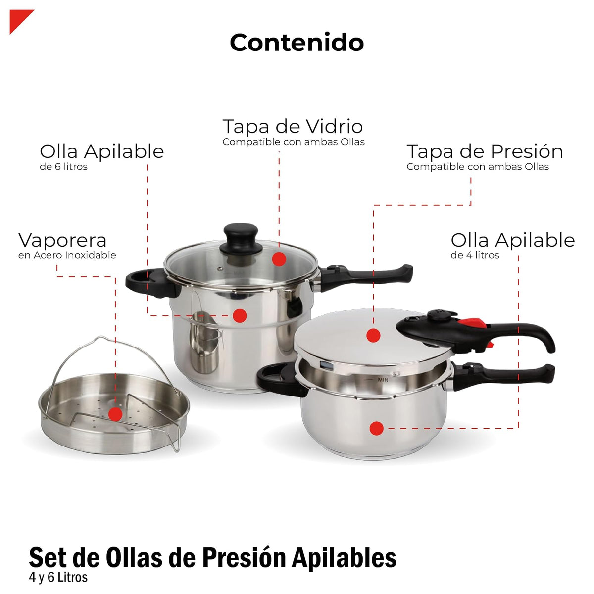 Bogner Set de ollas de presión fabricadas de acero inoxidable, Incluye 1 olla de 4 litros y otra de 6 litros, con accecorios (vaporera y tapa de cristal)