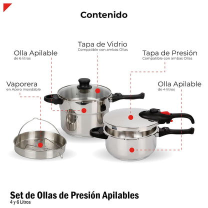Bogner Set de ollas de presión fabricadas de acero inoxidable, Incluye 1 olla de 4 litros y otra de 6 litros, con accecorios (vaporera y tapa de cristal)
