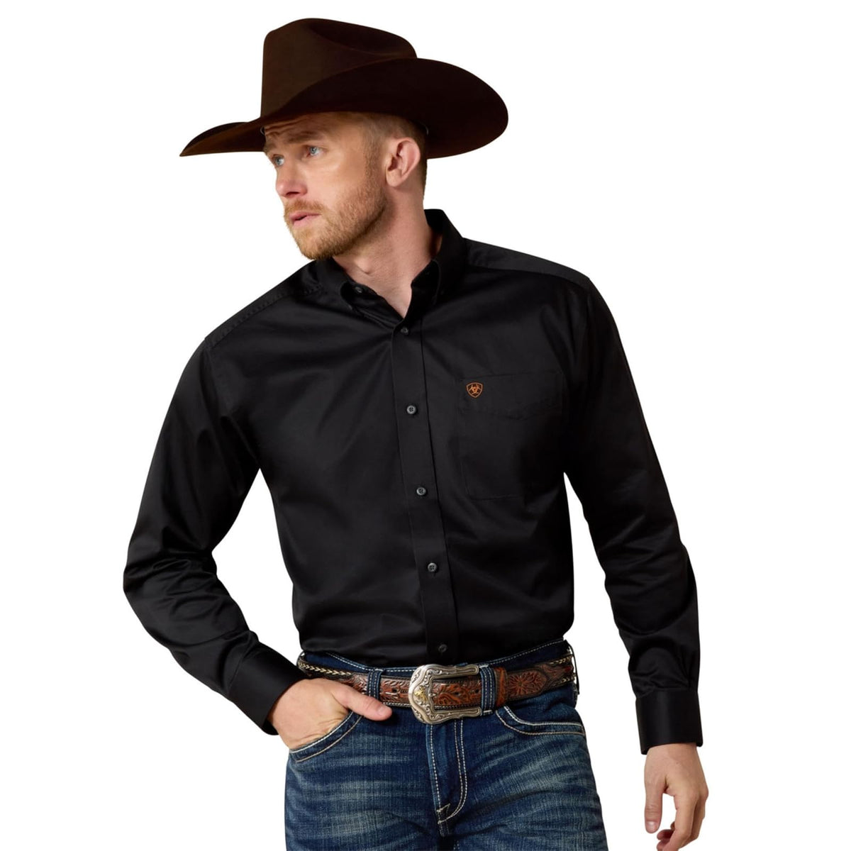 Ariat Camisa de Sarga de Algodón para Hombre, Manga Larga - CH - Negro -