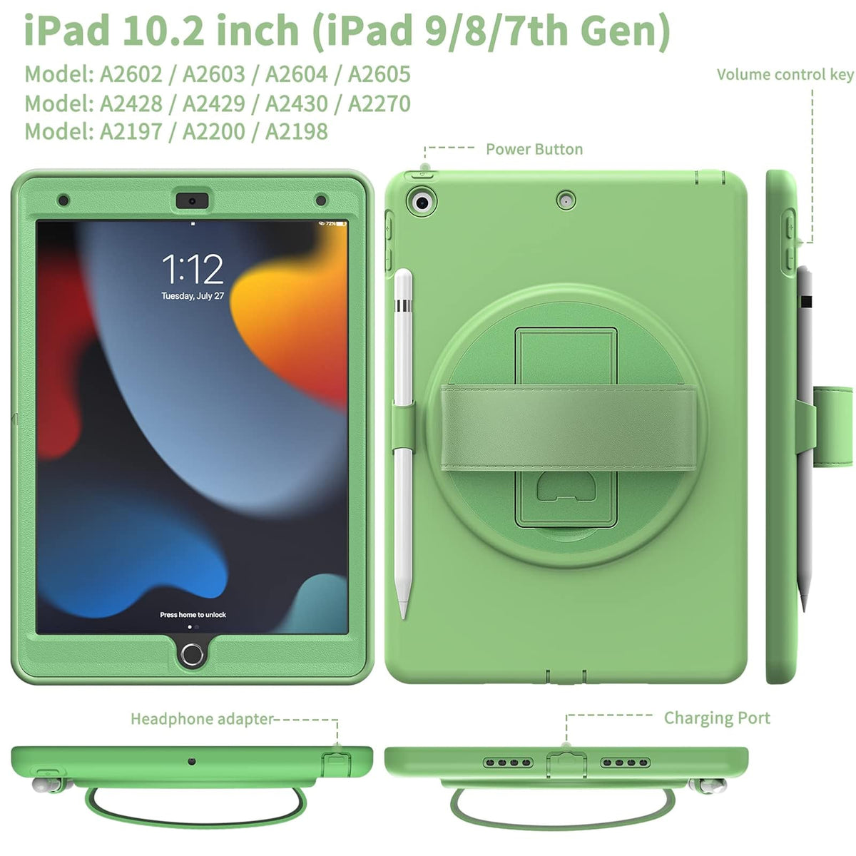 ORIbox Morandi - Funda para iPad 7ª y iPad 8ª y iPad 9ª generación [10.2 Pulgadas], Cuerpo Completo, a Prueba de Golpes, protección contra caídas 3 en 1 con Soporte de 360°/Correa de Mano