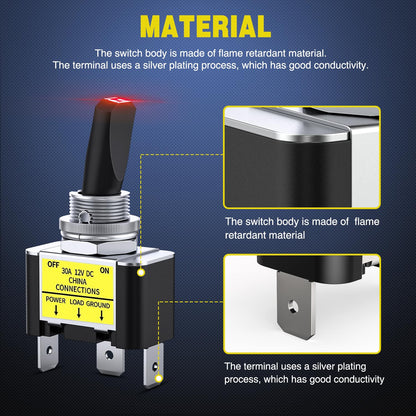Nilight - Interruptor de palanca LED, 5 unidades, 12 V, 30 A, interruptor de metal con iluminación LED rojo, resistente SPST, 3 pines, orificio de montaje de 12 mm, orificio de montaje para