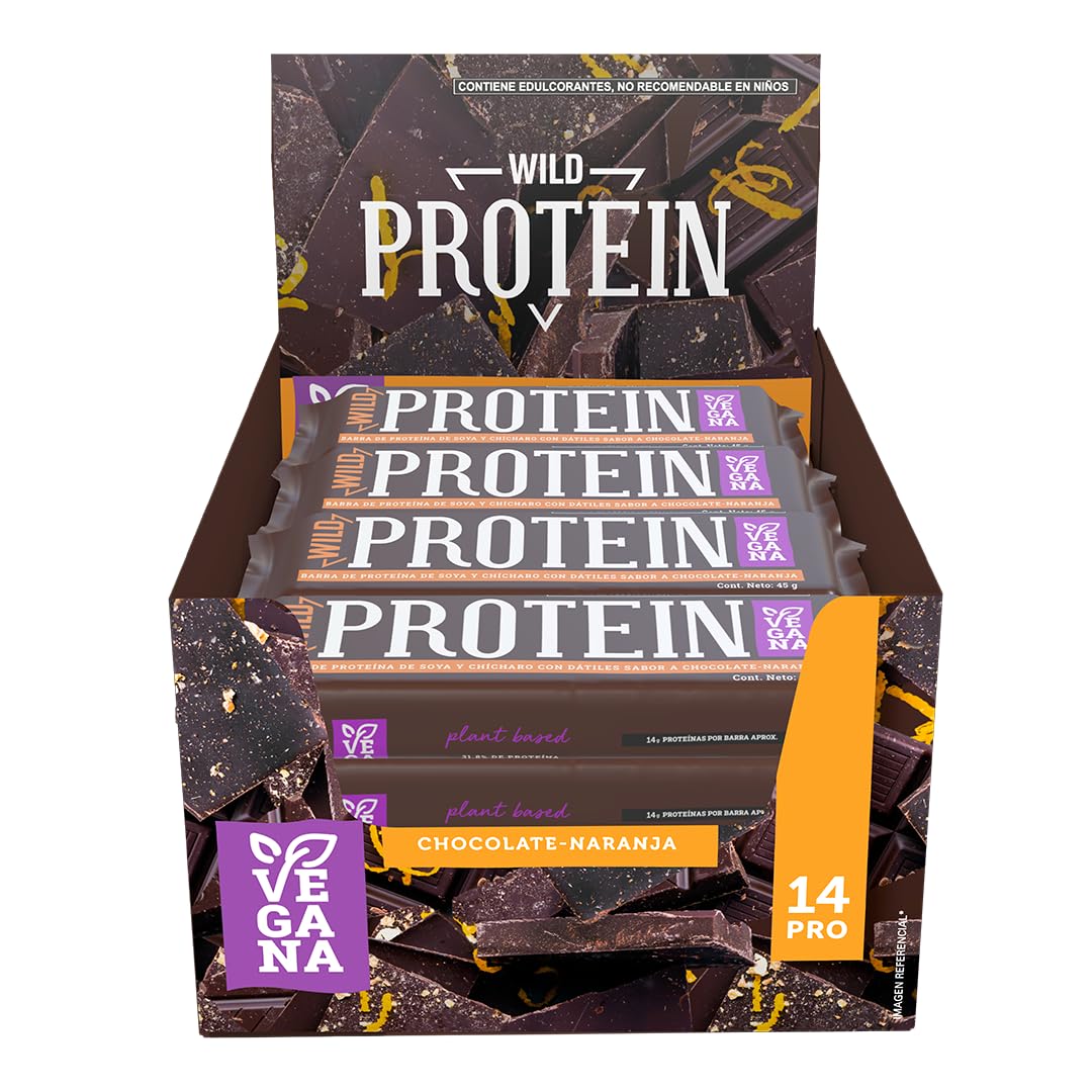Wild Protein | Barras altas en proteína | Vegana | Sabor chocolate y naranja | Pack de 16 unidades | 14 g de proteína | Sin azúcares ni grasa añadida | 45 g cada barra