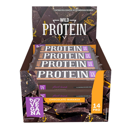 Wild Protein | Barras altas en proteína | Vegana | Sabor chocolate y naranja | Pack de 16 unidades | 14 g de proteína | Sin azúcares ni grasa añadida | 45 g cada barra