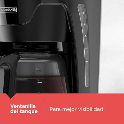Black+Decker Cafetera Programable 12 Tazas con Filtro Permanente, CM1110B | Panel digital para programar la hora de tu café con sistema de goteo Vortex y jarra de vidrio