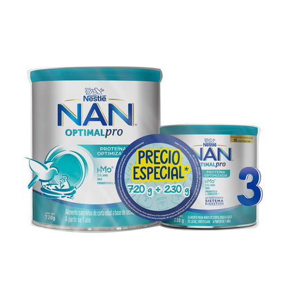 NAN 3 Optimal Pro, Alimento Para Niños de Corta Edad A Partir de 1 a 2 Años, Fortificado Pack de 1 Lata de 720 g + 1 Lata de 230 g