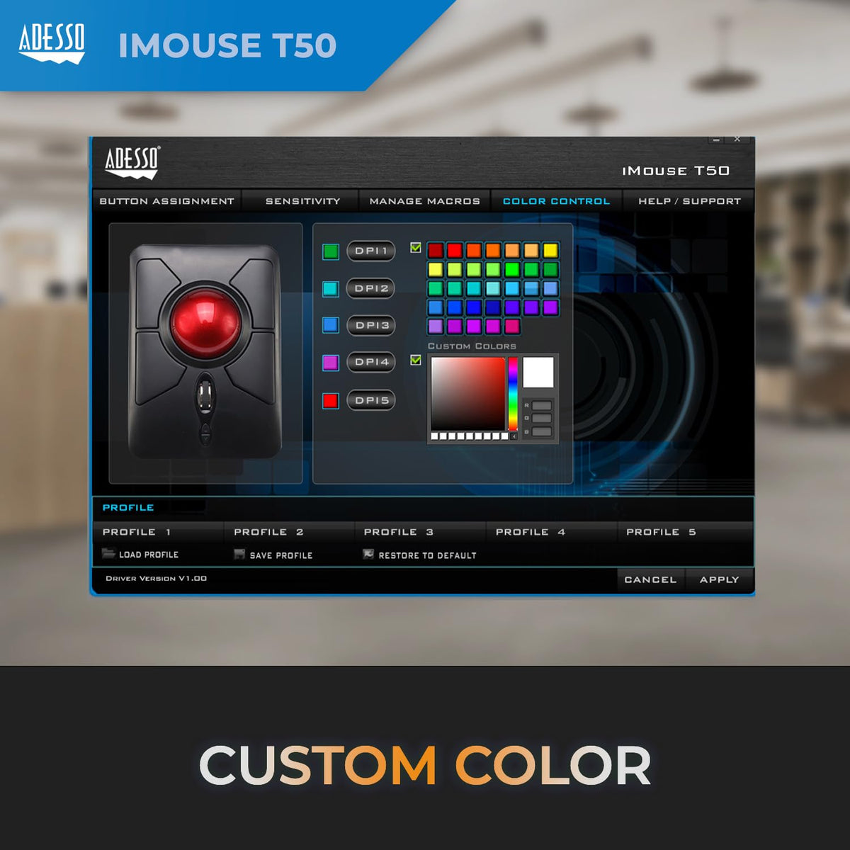 Adesso iMouse T50 Wireless Ergonomic Finger Trackball Mouse with Nano USB Receiver, Programmable 7 Button Design, and 5 Level DPI Switch, for Left and right Hand