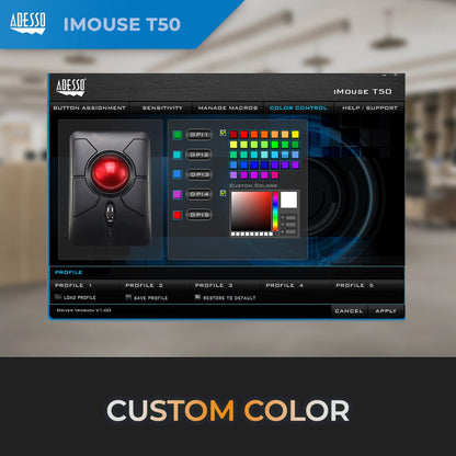 Adesso iMouse T50 Wireless Ergonomic Finger Trackball Mouse with Nano USB Receiver, Programmable 7 Button Design, and 5 Level DPI Switch, for Left and right Hand
