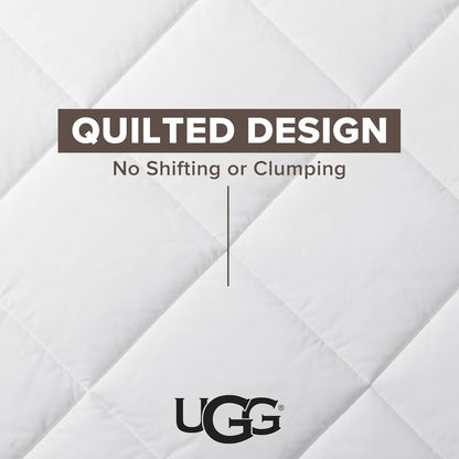 UGG 23742 Aimee - Edredón básico de tamaño matrimonial, hipoalergénico con relleno de loza, lavable a máquina, 90 x 92 pulgadas, edredón alternativo cosido en caja, matrimonial/Queen, blanco brillante