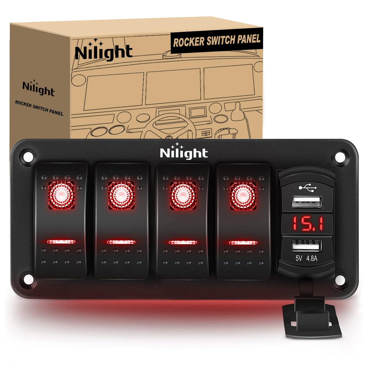 Nilight - Caja de interruptores basculantes de 4 bandas de 12 V SPST ON Off Switches PD tipo C y QC 3.0 USB Cargador Voltímetro Luz LED Impermeable de Aluminio Soporte Panel Pegatinas DIY para Bote, - Blue