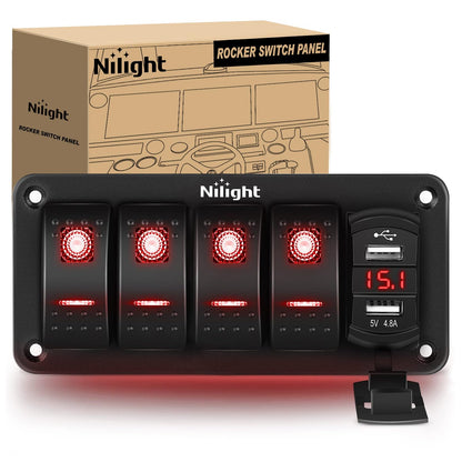 Nilight - Caja de interruptores basculantes de 4 bandas de 12 V SPST ON Off Switches PD tipo C y QC 3.0 USB Cargador Voltímetro Luz LED Impermeable de Aluminio Soporte Panel Pegatinas DIY para Bote, - Blue