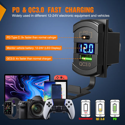 Nilight - Panel de interruptor de 8 bandas con PD tipo C y cargador USB, voltímetro de 12 V, SPST, interruptor de encendido y apagado con retroiluminación azul, panel de interruptor