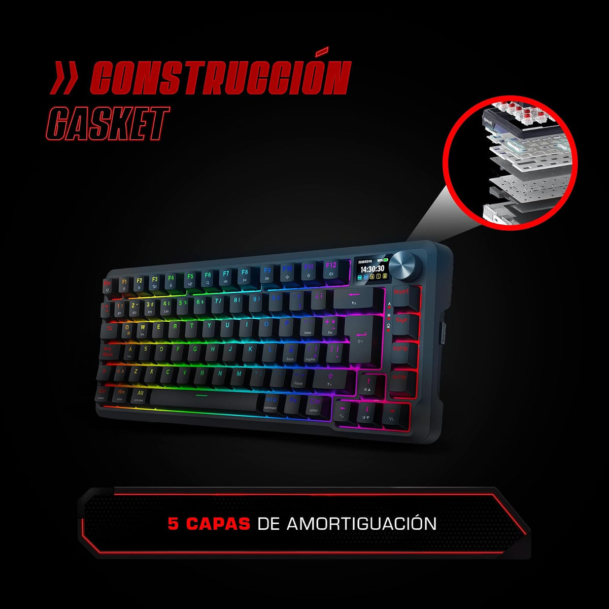 Redragon Teclado Gamer Mecanico Ucal K724 RGB, Inalambrico, LCD, Español