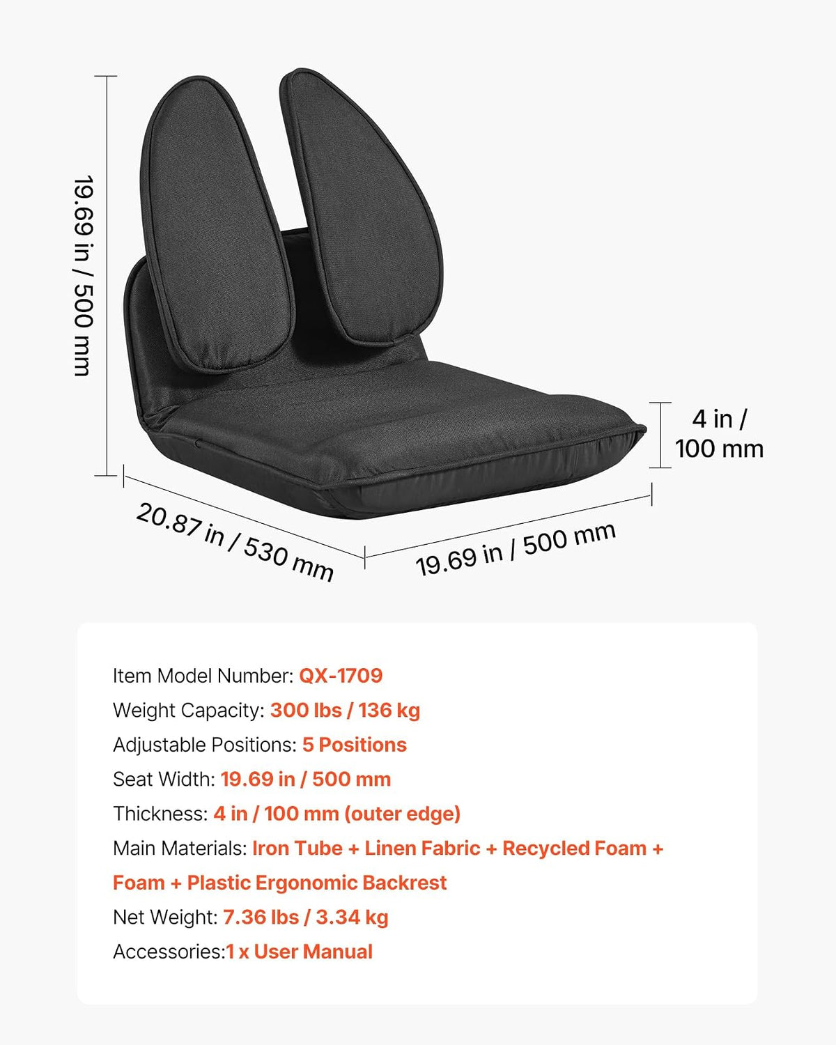 VEVOR Silla de Suelo Relax, Silla Reclinable con Respaldo Ajustable en 5 Posiciones, Soporte Ergonómico, Marco Metálico y Tapizado de Lino, para Lectura Descanso Sala de Estar Dormitorio, Color Negro