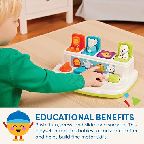 Battat Pop-Up Pals - Juguete Causa-Efecto con Animales | Botones para pulsar, girar, voltear y deslizar; 4 animales desplegables, colores y asa de transporte; 18 meses y +