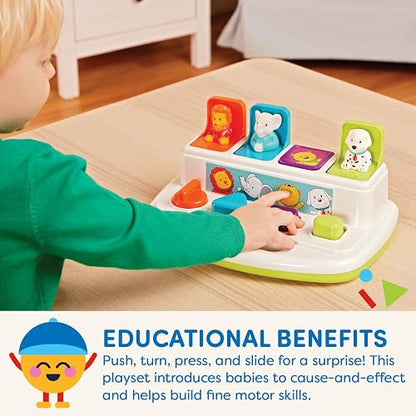Battat Pop-Up Pals - Juguete Causa-Efecto con Animales | Botones para pulsar, girar, voltear y deslizar; 4 animales desplegables, colores y asa de transporte; 18 meses y +