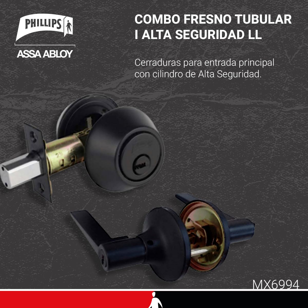 Phillips Combo Cerrojo/Manija Fresno Alta Seguridad Para Entrada LLave-Llave Negro