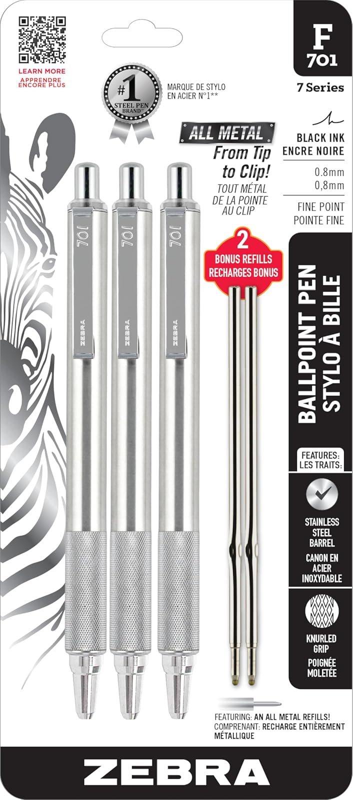 Zebra Pen F-701 - Bolígrafo retráctil, paquete de 3 unidades, más 2 recargas, punta fina, 0,8 mm, tinta negra, construcción duradera de metal, tinta de fácil deslizamiento, agarre antideslizante