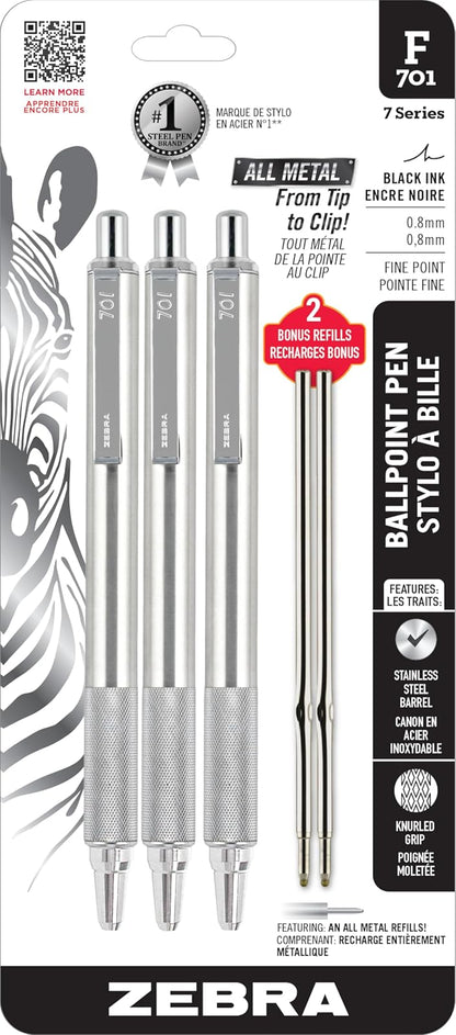 Zebra Pen F-701 - Bolígrafo retráctil, paquete de 3 unidades, más 2 recargas, punta fina, 0,8 mm, tinta negra, construcción duradera de metal, tinta de fácil deslizamiento, agarre antideslizante