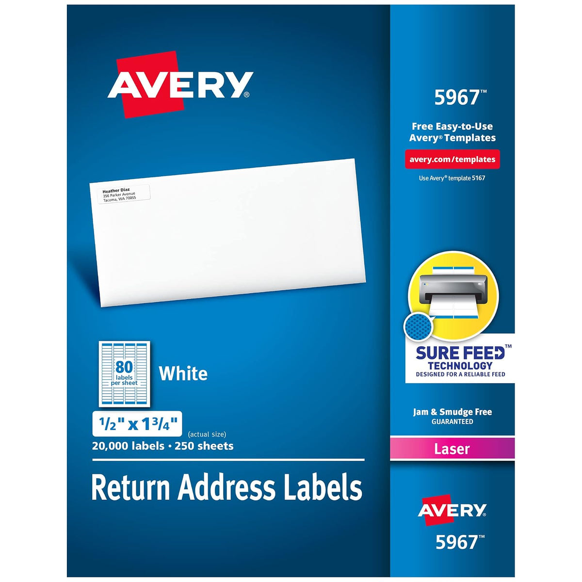 Avery 05967 - Etiquetas de dirección de devolución imprimibles con alimentación segura, 0.5 x 1.75 pulgadas, blancas, 20.000 etiquetas de correo en blanco