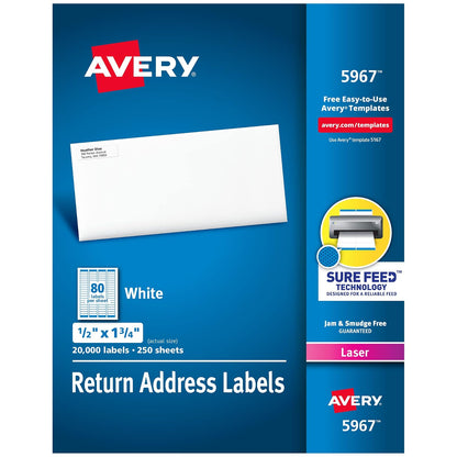 Avery 05967 - Etiquetas de dirección de devolución imprimibles con alimentación segura, 0.5 x 1.75 pulgadas, blancas, 20.000 etiquetas de correo en blanco