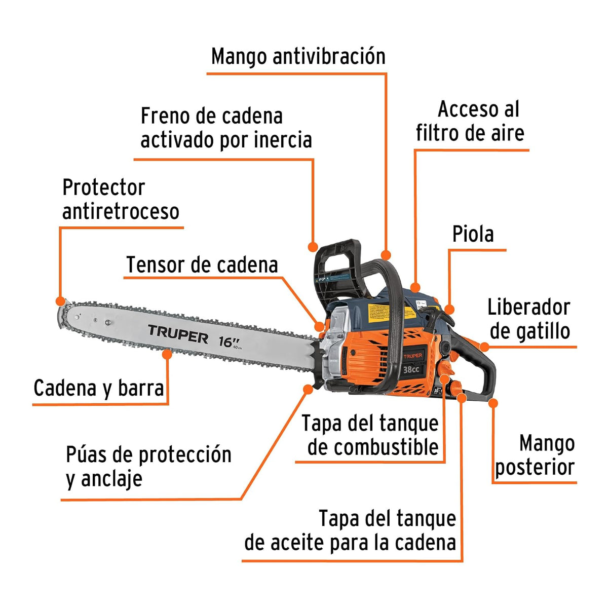Truper MOT-3816, Motosierra 38 cc a gasolina con barra de 16" motor de 2.3 Hp