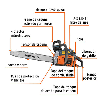 Truper MOT-3816, Motosierra 38 cc a gasolina con barra de 16" motor de 2.3 Hp