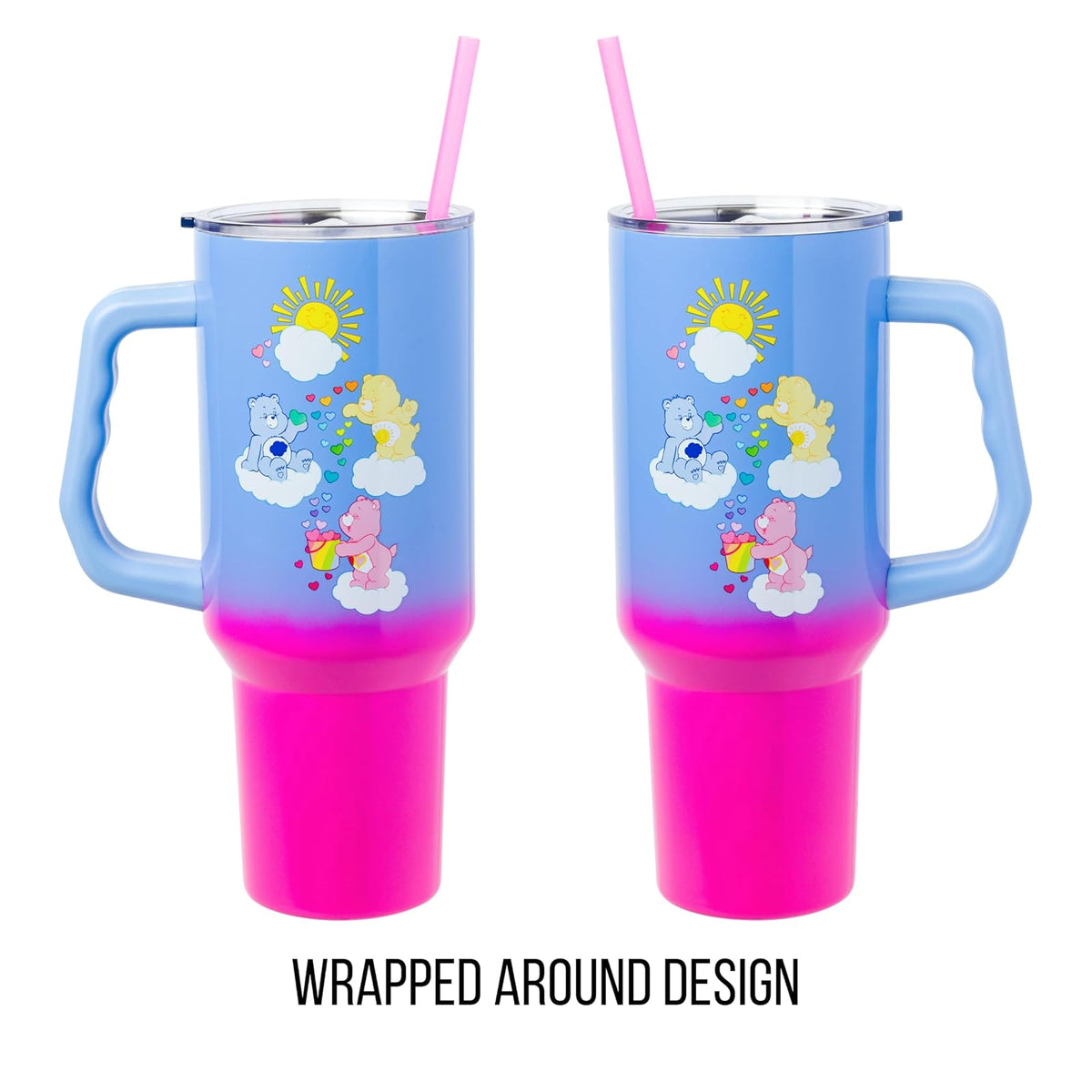 Silver Buffalo Care Bears con oso gruñón, Funshine y Love-A-Lot Bear Heart Showers Vaso de acero inoxidable de doble pared con mango y popote, se adapta a portavasos estándar, 40 onzas