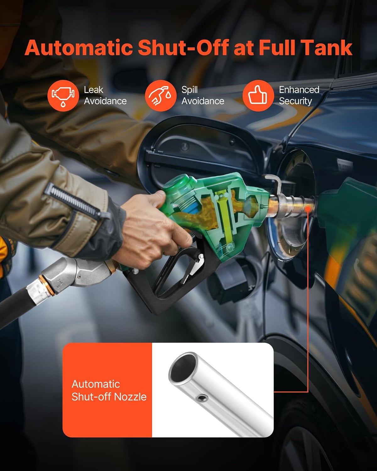VEVOR Boquilla de combustible automática NPT de 1 pulgada, caudal máximo de 21,6 GPM, apagado automático, con bloqueo de gatillo de 3 velocidades y boquilla de 1-3/16 in (diámetro exterior = 30,1 mm)