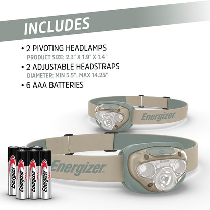 Energizer - Faros LED PRO (paquete de 2), IPX4 resistentes al agua, luz de cabeza de alto rendimiento para exteriores, camping, correr, tormenta, luz LED de supervivencia para emergencias (baterías