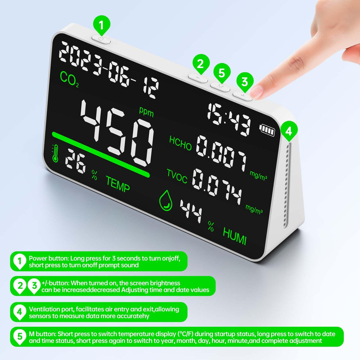 Monitor de calidad del aire 7 en 1, monitor de humedad interior, temperatura, CO2, TVOC, HCHO, hora, fecha de visualización de computadora, medidor de calidad del aire para oficina, hotel, restaurante