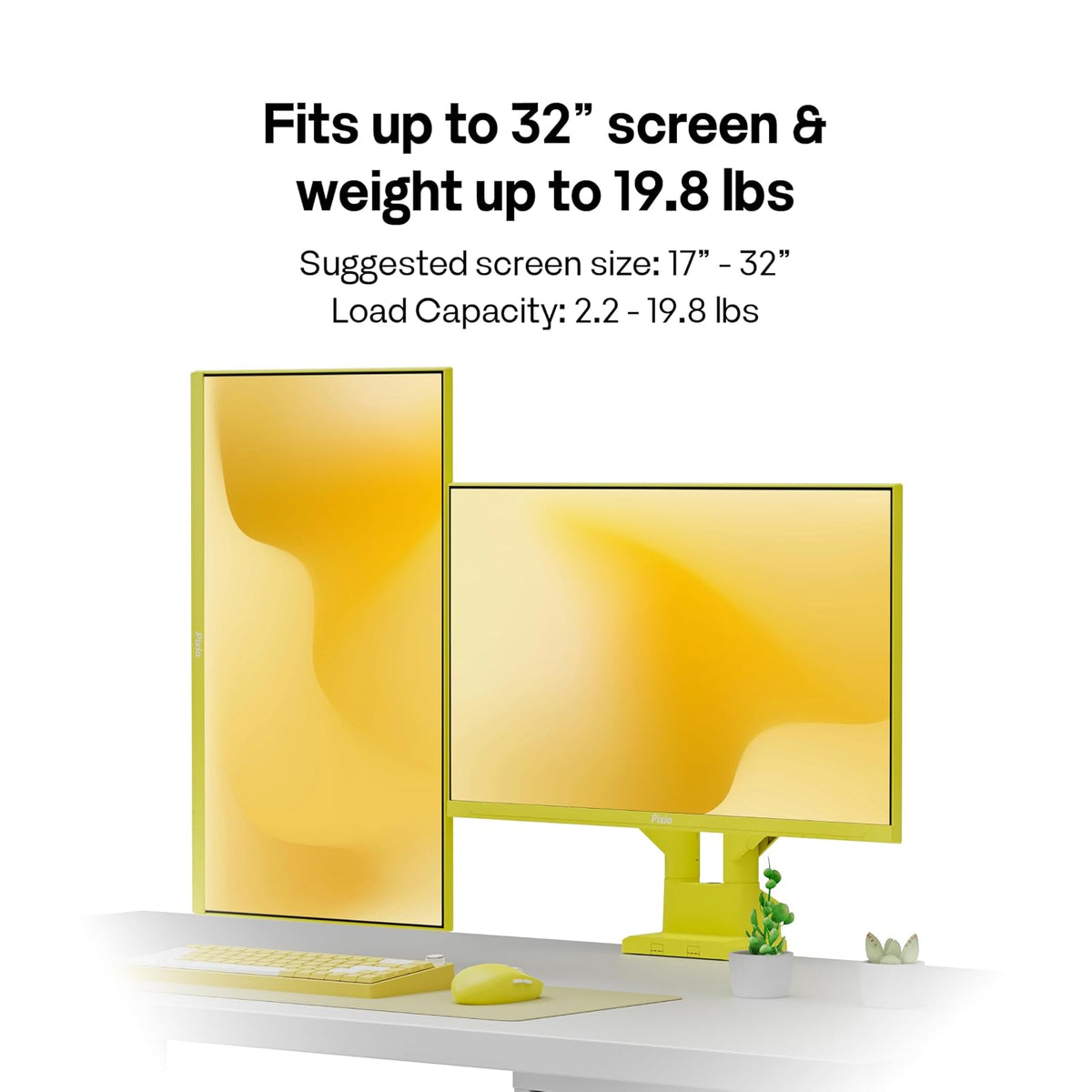 PIXIO PS1D Wave - Soporte de computadora para Monitor Dual Amarillo - Se Adapta a monitores de hasta 32 Pulgadas y hasta 20 Libras. Compatibilidad VESA y gestión de Cables integrada