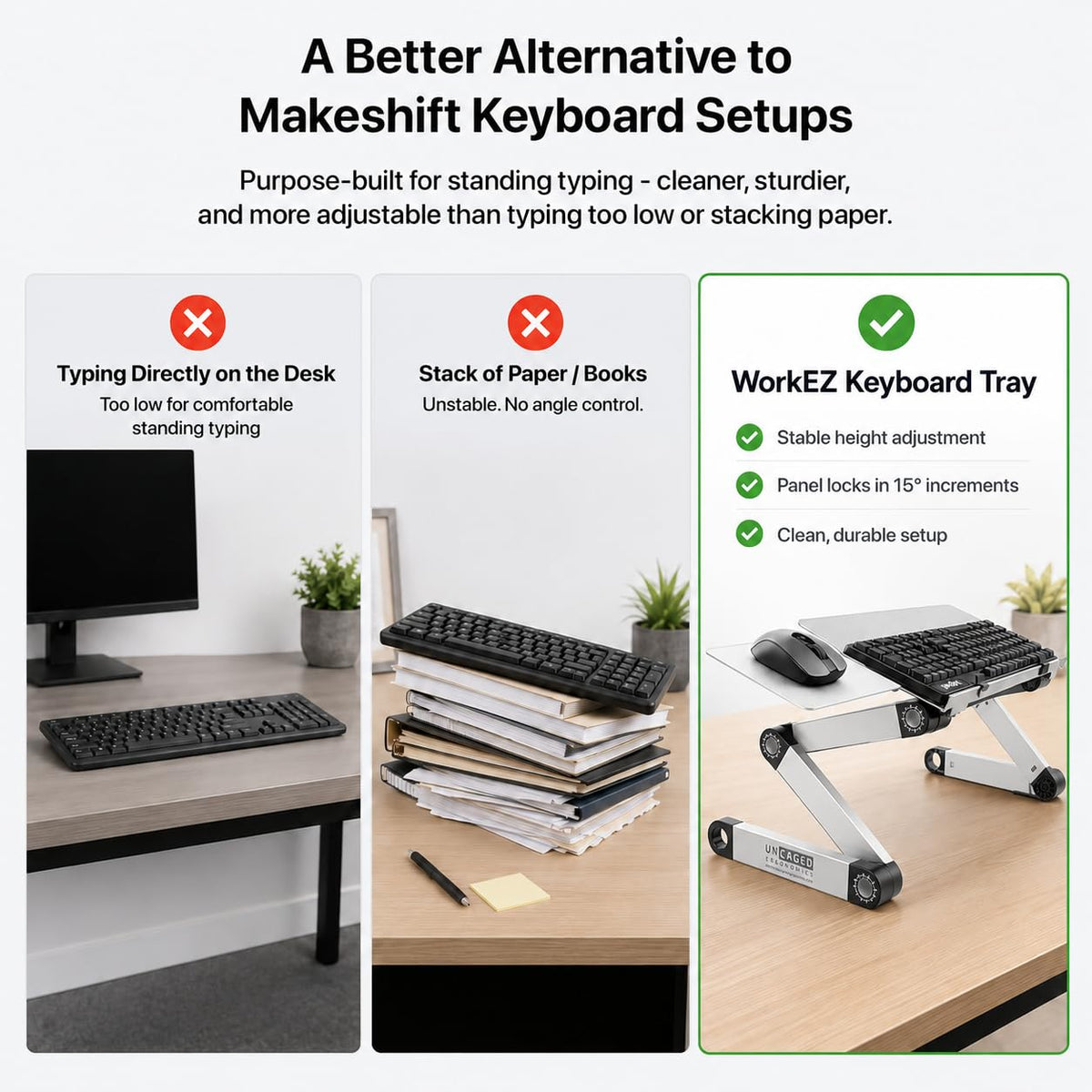 WorkEZ - Bandeja ergonómica para teclado y mouse, altura ajustable, ángulo negativo, inclinación para sentarse en el computadora, mesa de computadora, soporte para computadora de pie, elevar teclados a la altura de pie, color plateado