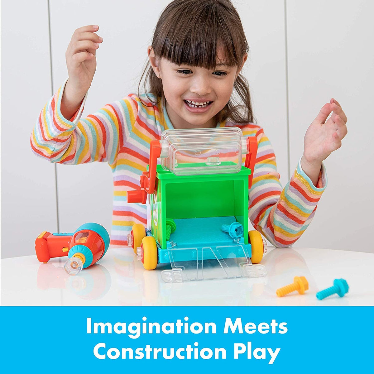 Educational Insights Design & Drill Bolt Buddies Camión de Reciclar, Juguete de Taladro de construcción, Juguete Stem para Mayores de 3 años