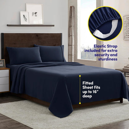 Sweet Home Collection Juego de sábanas de Franela cálidas y acogedoras con Bolsillo Profundo Transpirable para Todas Las Estaciones con Fundas Ajustadas, Planas y de Almohada, Queen, Azul Marino