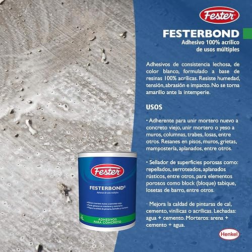 Fester Festerbond Adhesivo Acrílico de Usos Múltiples 4 Litros, Adherente para Unir Mortero Nuevo a Concreto Viejo y Sellador de Superficies Porosas, Color Blanco, Bote de 4 Litros