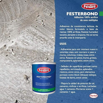 Fester Festerbond Adhesivo Acrílico de Usos Múltiples 4 Litros, Adherente para Unir Mortero Nuevo a Concreto Viejo y Sellador de Superficies Porosas, Color Blanco, Bote de 4 Litros
