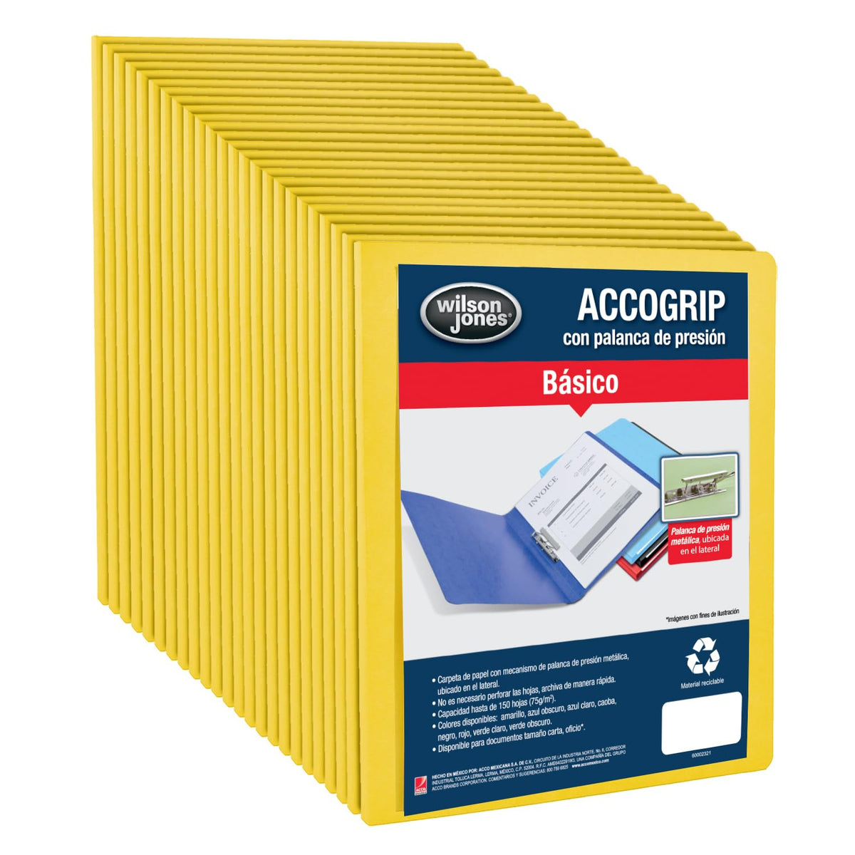 Wilson Jones / Carpeta con Mecanismo de Palanca Accopress&Accogrip Folder . Carta p/ 150 Hojas. Amarillo 36 pzas. P0964