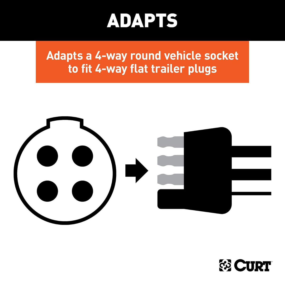 CURT Adaptador de Cableado Redondo 4 Pines para Remolque 4 Vías 58414, Negro