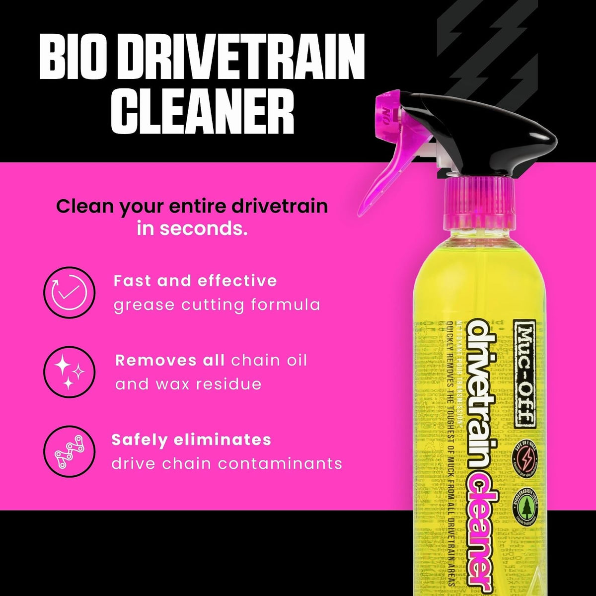 Muc Off Limpiador de Tren de transmisión Bio, 500 mililitros, eficaz Limpiador de Cadena de Bicicleta Biodegradable y espray desengrasante, Apto para Todo Tipo de