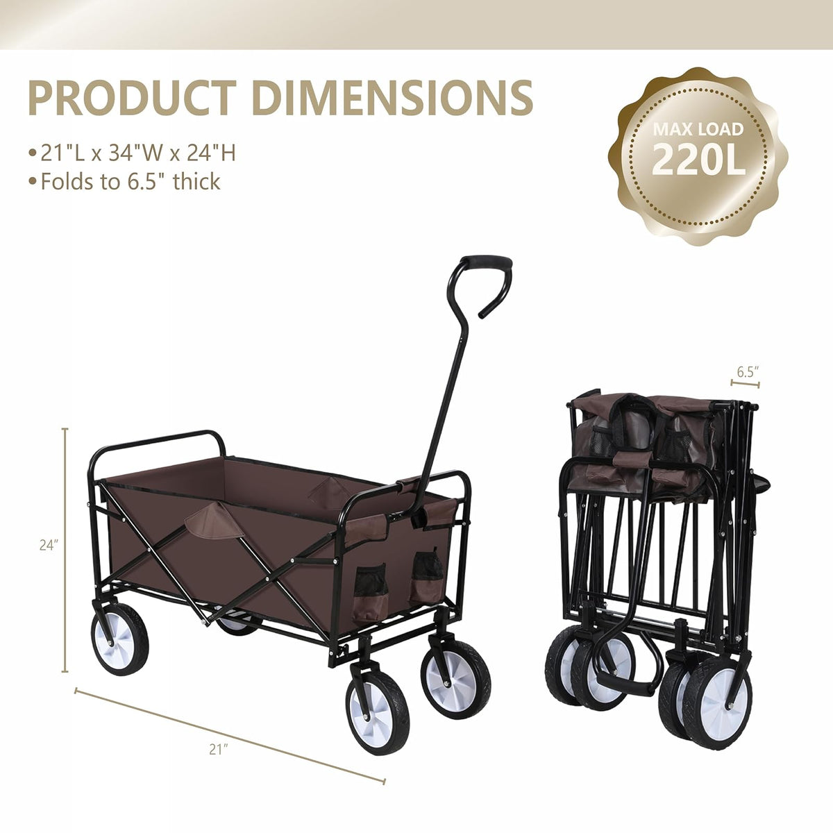 YSSOA - Carro Plegable para jardín, con Ruedas giratorias de 360 Grados y Mango Ajustable, Capacidad de Peso de 200 Libras, Color café