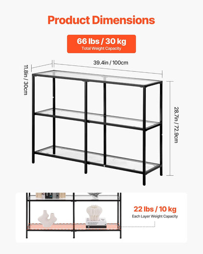 VEVOR Mesa Consola de Vidrio 3 Niveles 100 x 30 x 72,9 cm Mesa Auxiliar Rectangular para Sofá con Tablero de Vidrio Templado, Patas de Hierro para Sala de Estar, Pasillo, Entrada, Recibidor, Negro