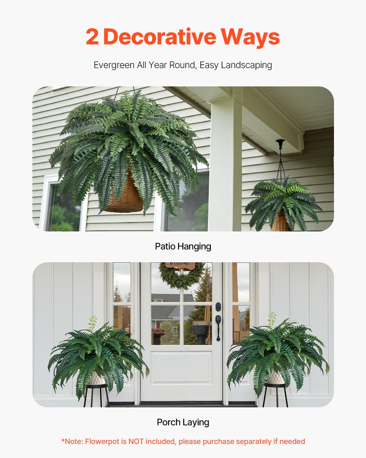 VEVOR Helechos Artificiales de Plástico, Diámetro Natural de 100-119 cm, Decoración de Pared con 88 Ramas, para Casa, Oficina y Exterior, Maceta no Incluida, 720 x 250 x 250 mm, Verde, 1 Pieza