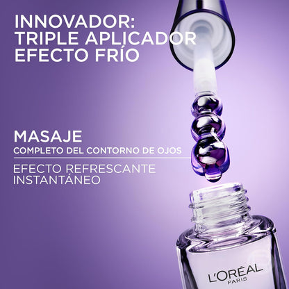L'Oréal Paris Revitalift Filler Sérum de Ojos con Ácido Hialurónico + Cafeína, Rellena hasta 2.5% Líneas de Expresión y Corrige Ojeras, Aplicador Triple Perla, 15 ml