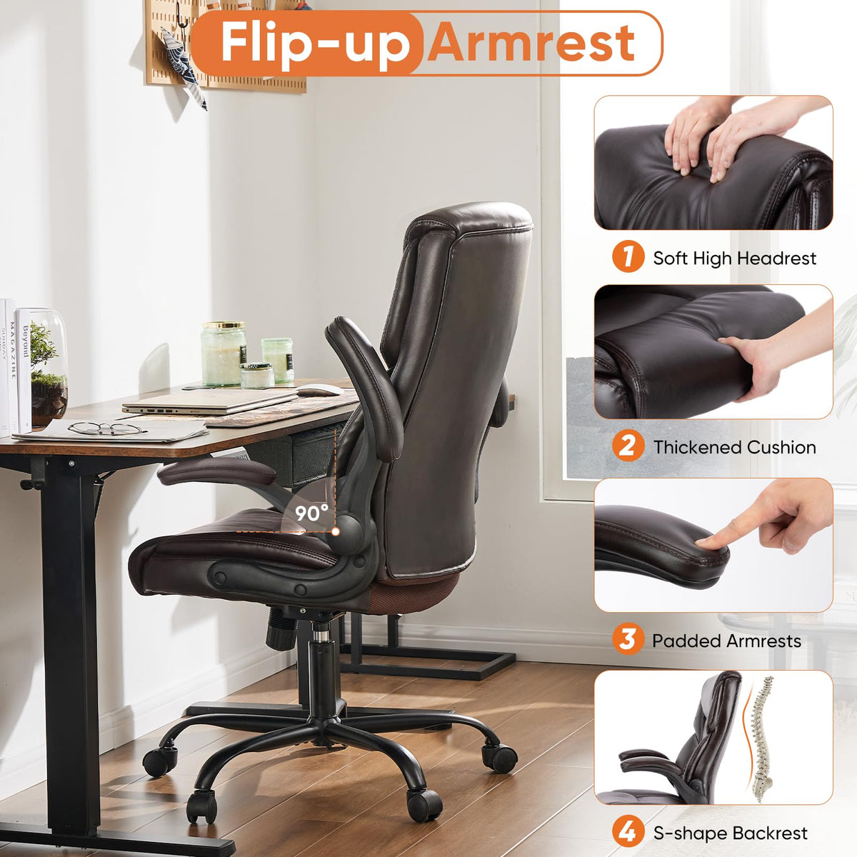 Sweetcrispy - Silla ergonómica para Juegos de computadora, Respaldo Alto, sillas de Oficina con Ruedas, Brazos abatibles, Altura Ajustable, Piel sintética, café Oscuro