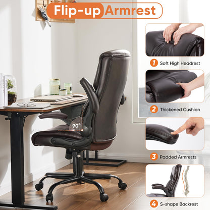 Sweetcrispy - Silla ergonómica para Juegos de computadora, Respaldo Alto, sillas de Oficina con Ruedas, Brazos abatibles, Altura Ajustable, Piel sintética, café Oscuro