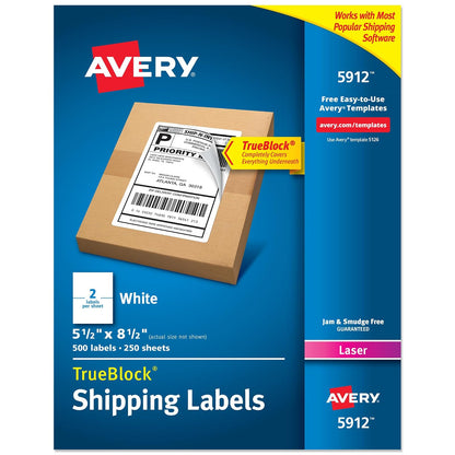Avery Etiquetas De Envío De Internet para impresoras láser con tecnología TrueBlock, Blanco, 500 labels - 5 1 - 2" x 8 1 - 2"