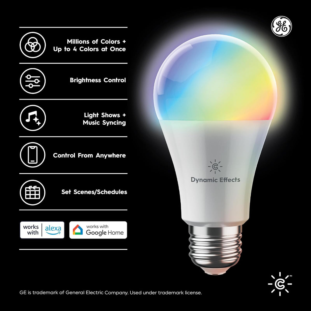 Cync GE Dynamic Effects - foco LED inteligente A19, luz WiFi inteligente que cambia de color, compatible con Alexa y Google Home (paquete de 2)