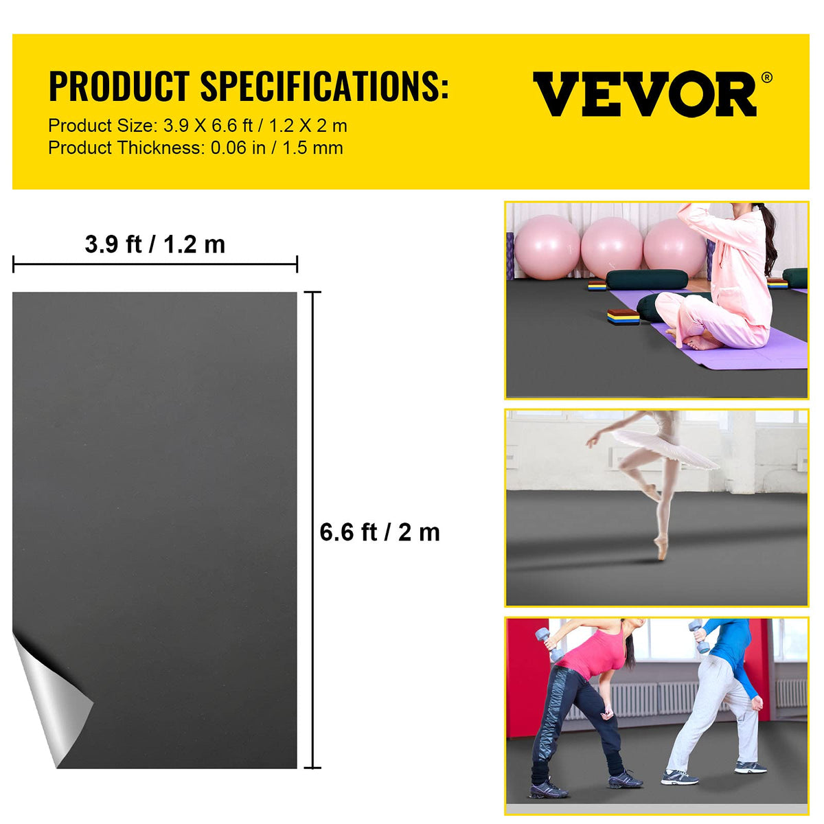 VEVOR - Piso de Baile de PVC de 0.08 Pulgadas de Grosor, 6.5 x 4 pies, 10 pies, 12 pies, Rollo Reversible portátil para Pista de Baile, Piso de Baile Antideslizante, Pista de Baile de Ballet para