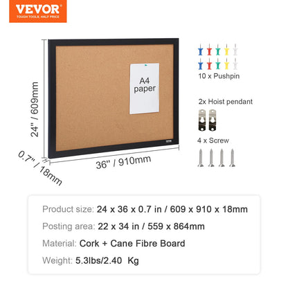 VEVOR - Tablero de corcho para oficina, tablero de anuncios de 36 x 24 pulgadas para pared, tablero de visión con marco para oficina, hogar y escuela
